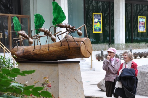 Photo of large sculpture, about six feet long, of three ants in bronze carrying green leaves across a wooden log, viewed by two women laughing with delight
