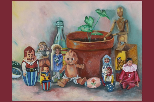 Painting of assorted figural tchotchkes including Kewpie doll, Russian nesting dolls, painted eggs, next to a terra cotta pot with a small green plant growing from it