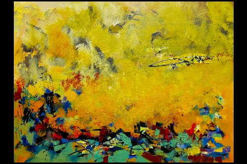 Abstract painting of a mostly yellow ground with splashes of greens, blues, reds, oranges, and blacks across the bottom