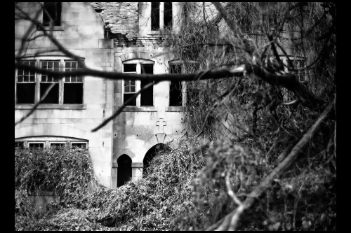 black and white photograph of abandoned Victorian stone house with vines and trees growing over the windows
