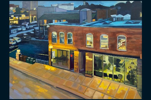 impressionistic painting of two-story buildings on city street with street lights on and twilight sky