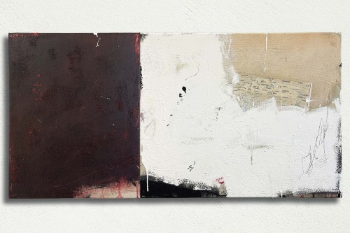 abstract painting with one half crimson, one half white and tan with maps incorporated into the painting, roughly textured
