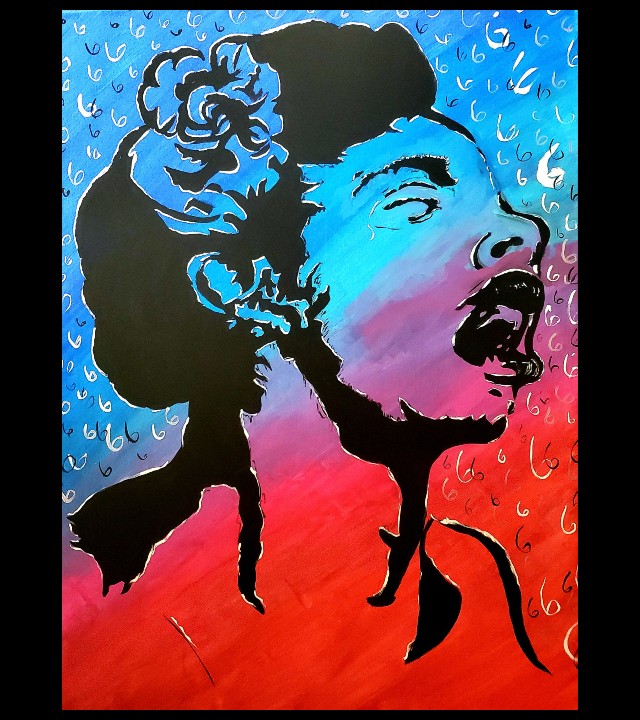 stylized painting of singer Billie Holliday from shoulders up, in black silhouette on background of blues, purples, reds