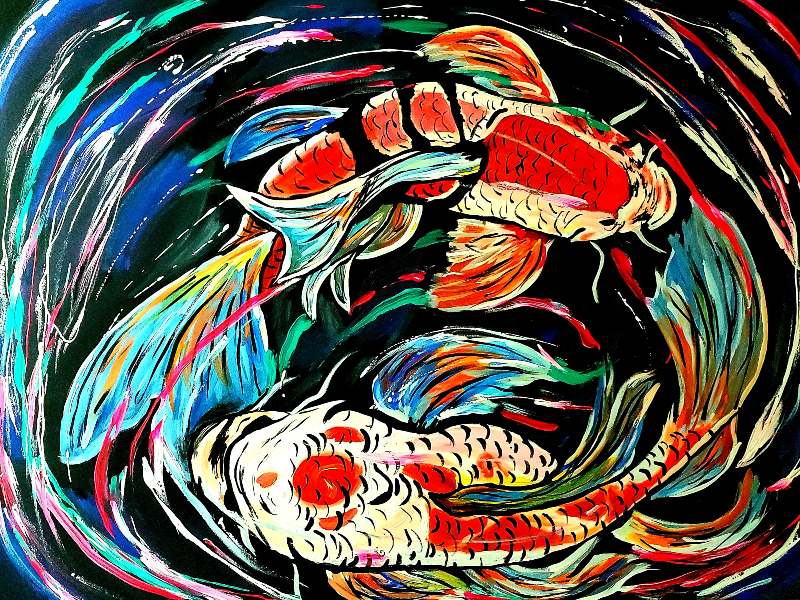 painting in brilliant colors and swirling lines of two koi fish swimming in a circle