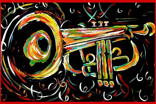 impressionistic painting of trumpet in swirling brilliant colors on black background
