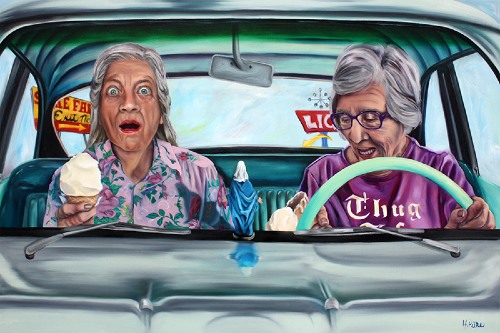 painting of two women driving in a car and eating ice cream cones while a statue of the Blessed Virgin Mary on the dashboard watches them