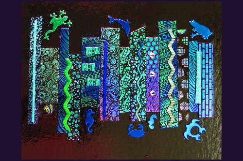 wall art of vertical strips of glass and water animals such as frogs and sea horses each in a different glass pattern, mostly blue, purple, and green