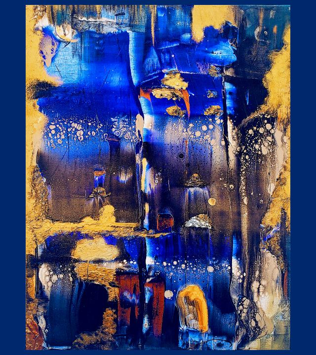 abstract painting of large vertical rough-edged shapes in shades of blue, gold, black, and ochre