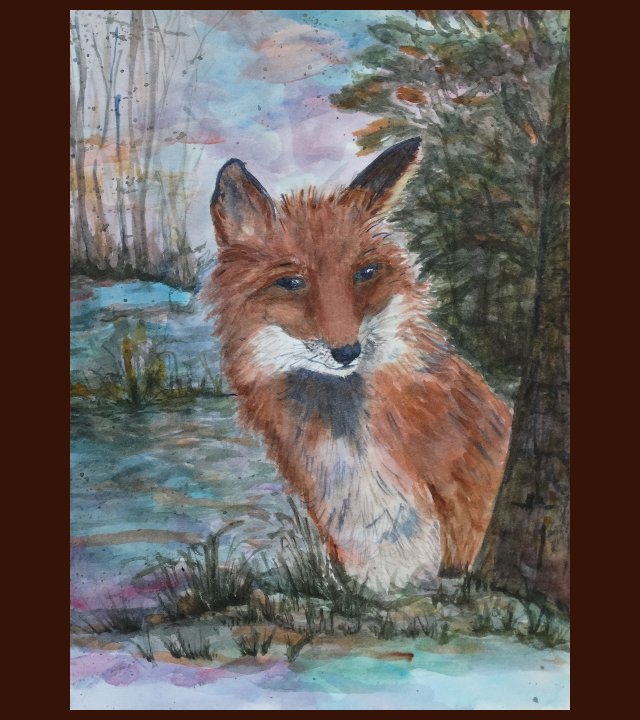Impressionistic painting of red fox peeking around a tree trunk and looking straight at the viewer