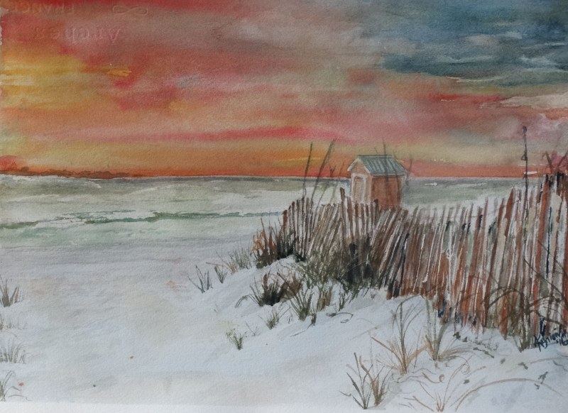 Impressionistic painting of white-sand beach with vivid sunset over the ocean
