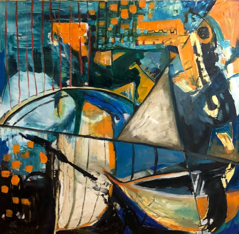 Abstract painting of bold geometric shapes in blues, oranges, and blacks