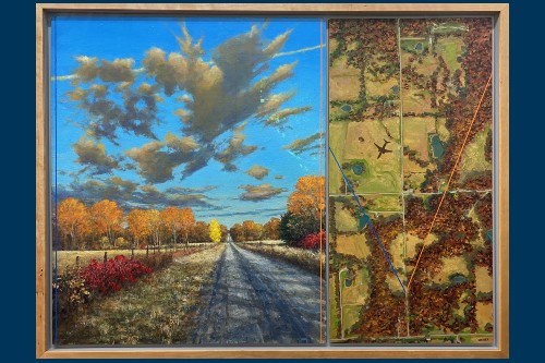 Two-panel painting of autumn rural landscape, one of road going toward the horizon, one of same scene in aerial view
