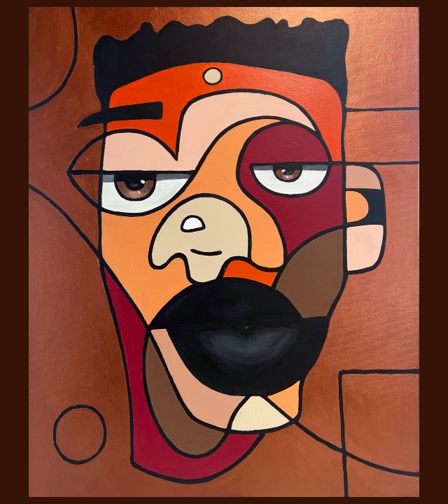 Abstract painting in bold geometric shapes in oranges, ochres, and blacks of man's face