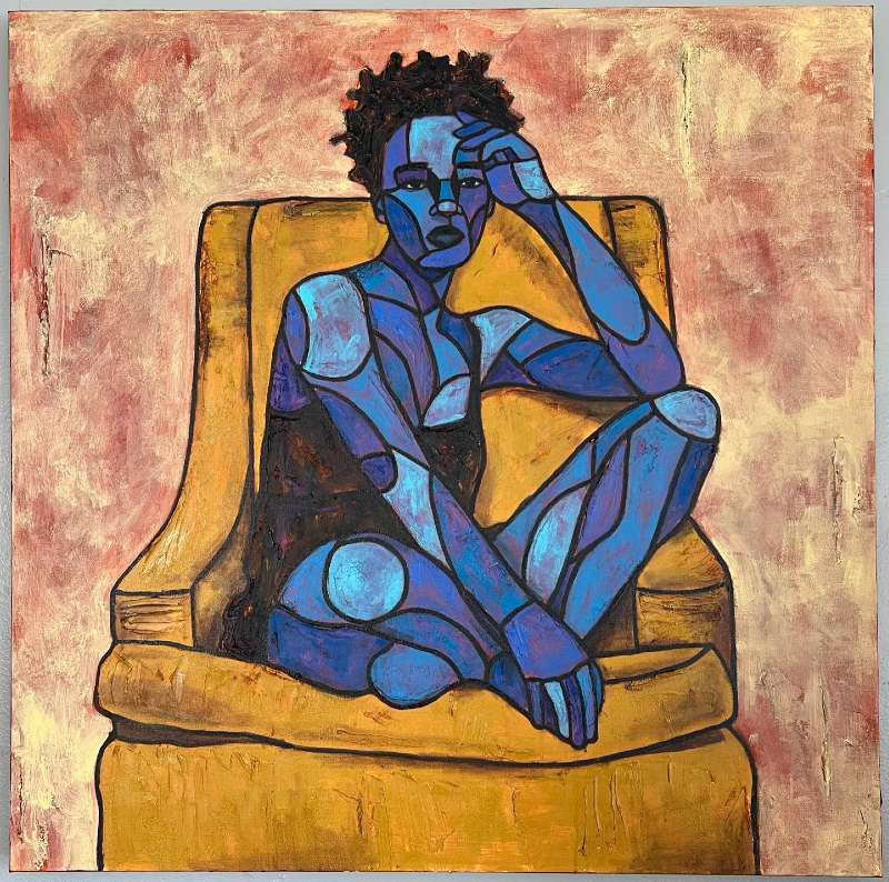 Semi-abstract painting of woman seated on armchair, woman made of geometric shapes in shades of blue