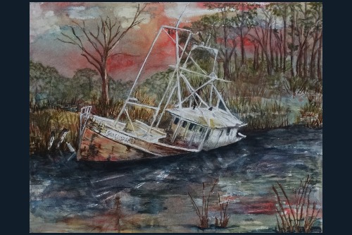 impressionistic painting of derelict wooden fishing boat tied up at shoreline of small river in woods and halfway sinking into the water