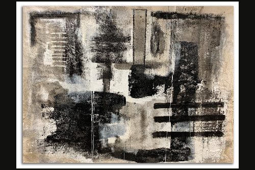 Abstract painting in large blocks and thick lines, smudged edges, in shades of black, gray, khaki, and cream