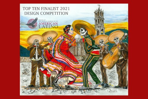 Brilliantly colorful drawing of man and woman dancing with four musicians playing, all in traditional Mexican dress with large sombreros and swirling skirts, skull faces with Day of the Dead theme