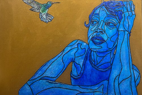 stylized painting with "stained glass" pattern effect, all in shades of blue, of woman and hummingbird looking eye to eye