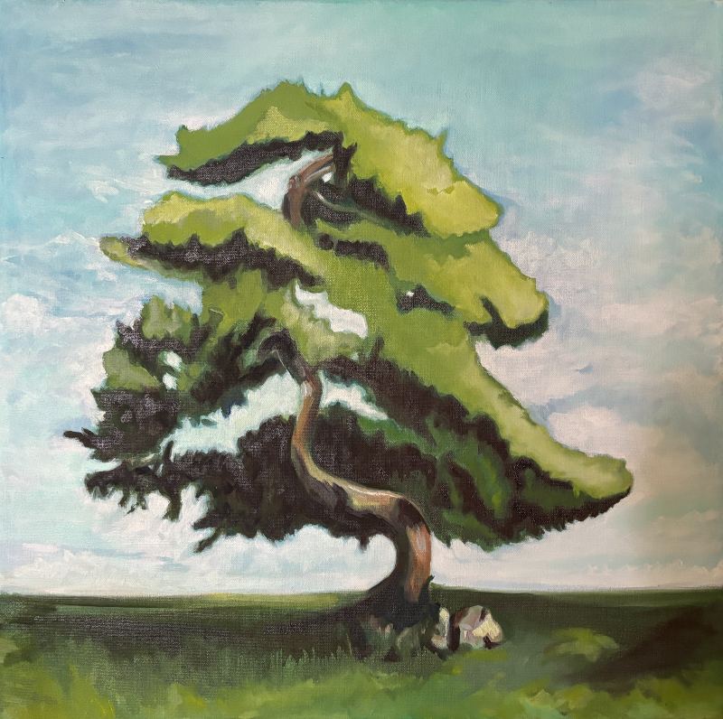 Impressionistic painting of a single tree with an undulating trunk and layers of branches, in a grassy field against a sky of soft clouds