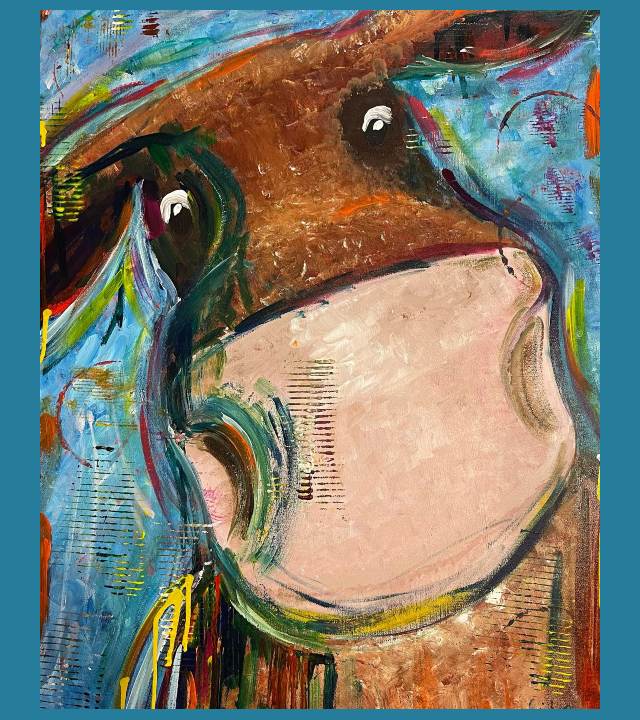 Stylized painting of cow's face, almost like a cartoon, with a happy expression