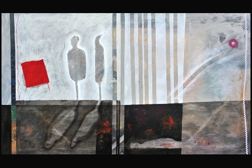 Abstract painting in shakes of black, gray, and red, divided into six rectangles each with a different impressionistic design