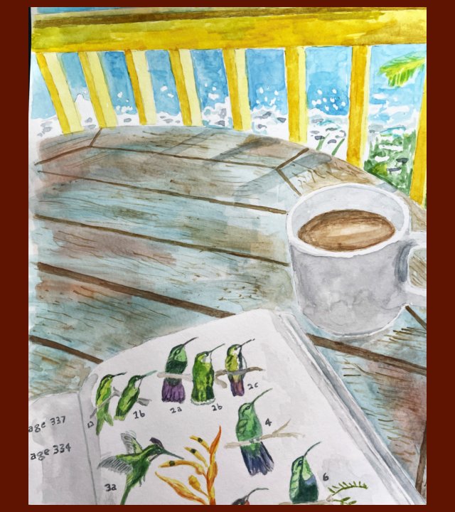 Painting of top of table on porch with water in background, coffee cup and notebook with drawings of birds on the table