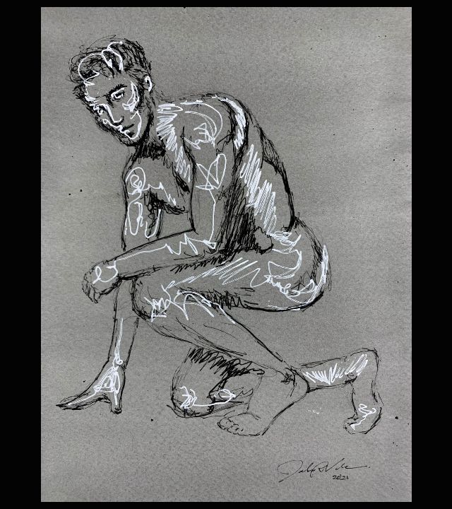 Drawing in black and white on grey background of nude young man crouching in a stance of about to begin running