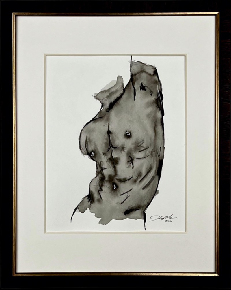 Muscular nude male torso from hips to shoulders in shades of gray and black, framed in black and gold