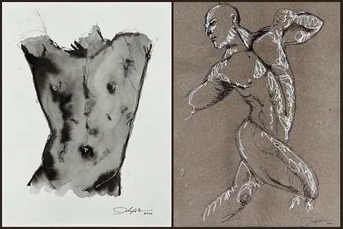 Two drawings of muscular nude men in shades of grey, black, sepia, and white: 1) torso from hips through shoulders; 2) full-length from head to below knees, in running movement