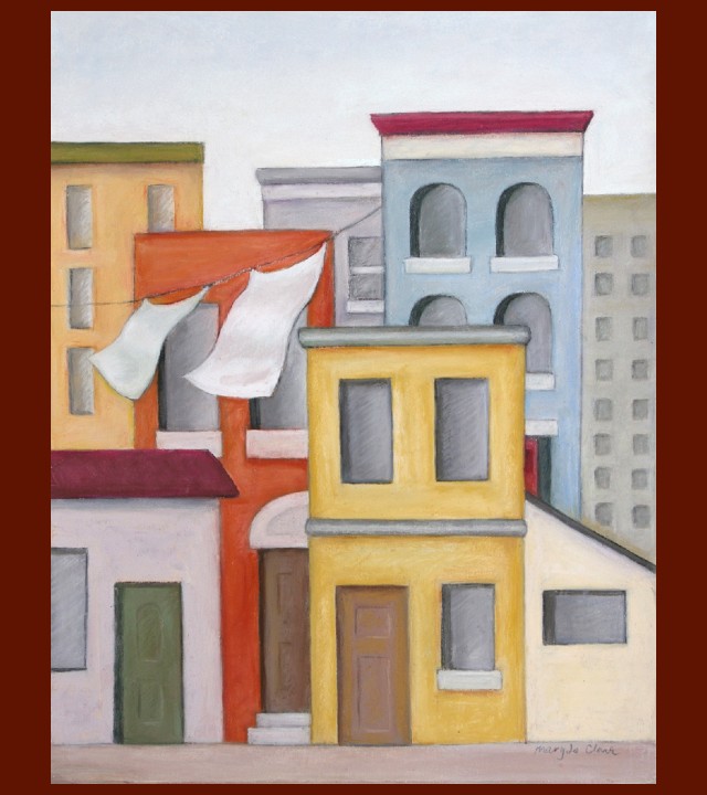 Stylized drawing in rectangular shapes of narrow buildings from one to four stories tall, with laundry hung from one building to another