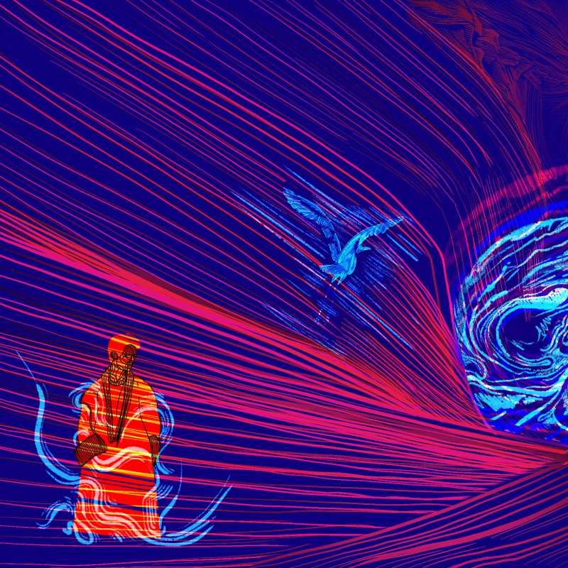 Abstract design of lines of red over purple background swirling out of vortex , with figures of flying eagle and standing man in a robe superimposed over the lines