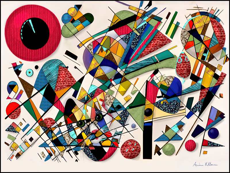 Abstract painting of wild assortment of lines and geometric shapes in bright colors, with face of cat and figure of mouse just discernible in the design