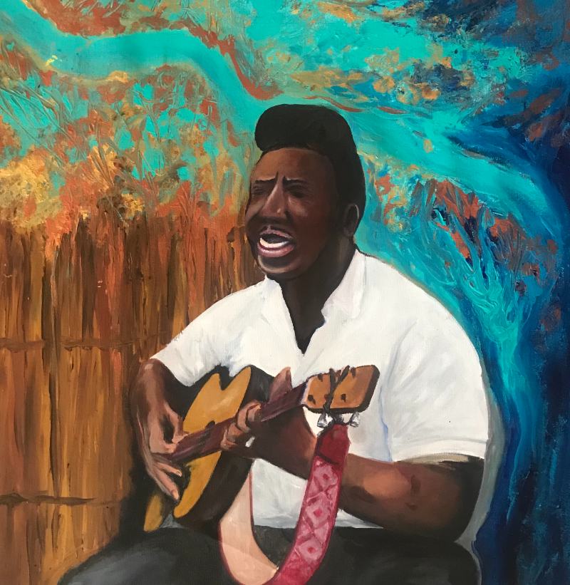 Stylized painting of man playing guitar against background of swirling blues and browns