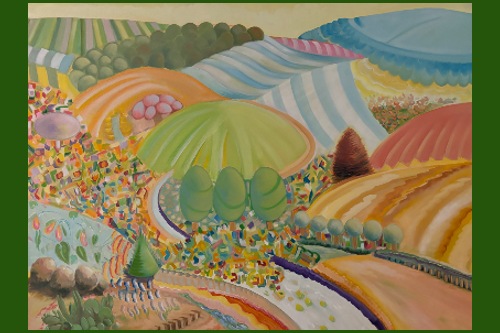 Fantasy landscape of a road going through hills covered with abstract patterns in candy-like pastel colors