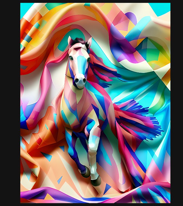 Stylized image of horse charging toward viewer, emerging from background resembling a silk scarf, background and horse both in brilliantly colored patterns