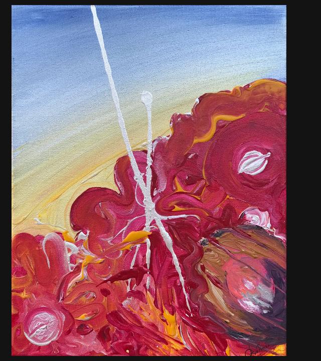 Abstract painting of blue sky in upper left and fluid patterns of rose, white, and orange in lower right