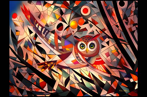 Abstract painting of wild assortment of lines and geometric shapes in bright colors, with an own sitting in a tree in the center