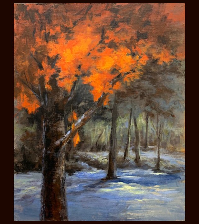 Impressionistic painting of a forest glad with snow on the ground while the tree in the foreground is blazing with orange leaves