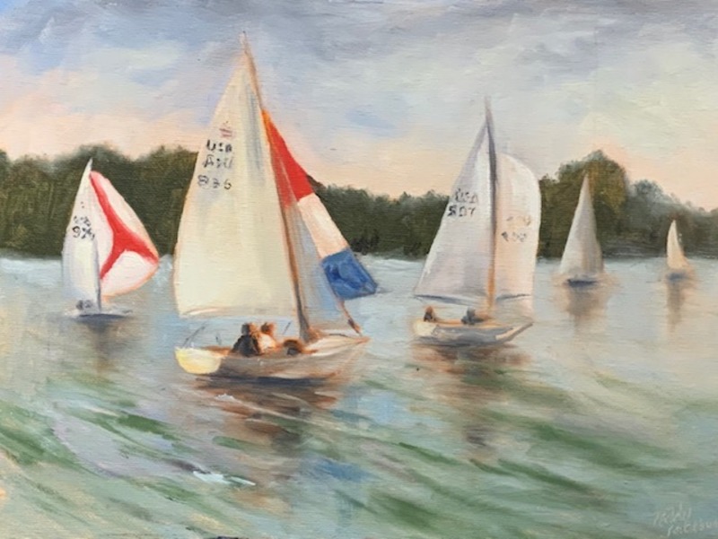 Impressionistic panting of five small sailboats on the water with green trees on the shore in the background