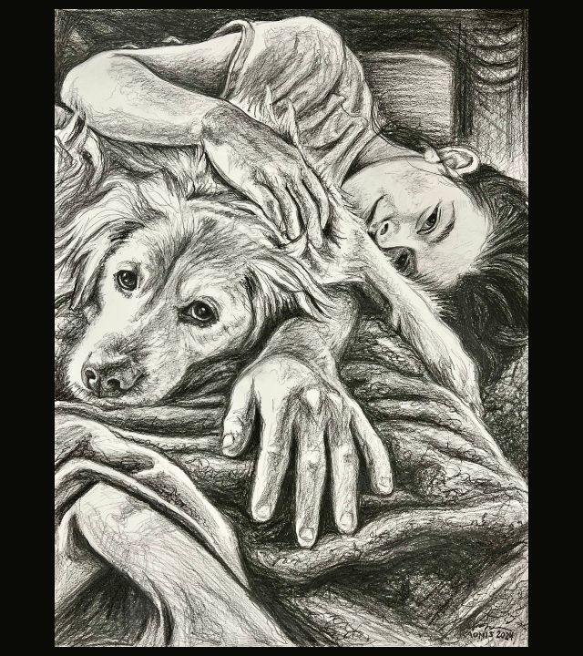 Black-and-white drawing of a woman and dog lying under a blanket and snuggling