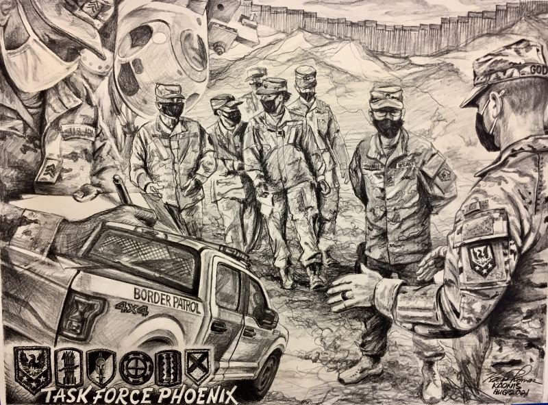 Black-and-white drawing of several men in U.S. Army uniforms gathered near a military truck