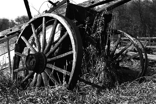 Black and white photograph with dramatic lighting contrast, of an abandoned wagon, close-up on a large wheel, up against a fence in a grassy corner