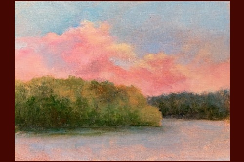 Impressionistic painting of a tree-lined river bank with rose-colored puffy clouds above it