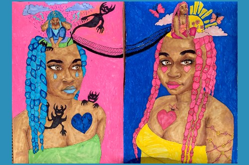 Stylized drawing of two long-haired young women facing each other, one with blue hair weeping blue tears, the other with pink hair and hearts under her eyes