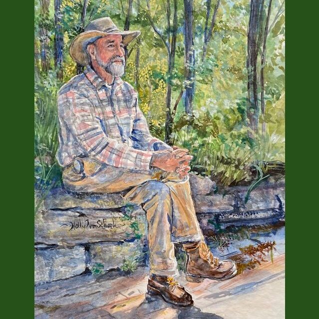Impressionistic painting of man sitting on low stone wall at edge of trees, looking contemplatively into the distance
