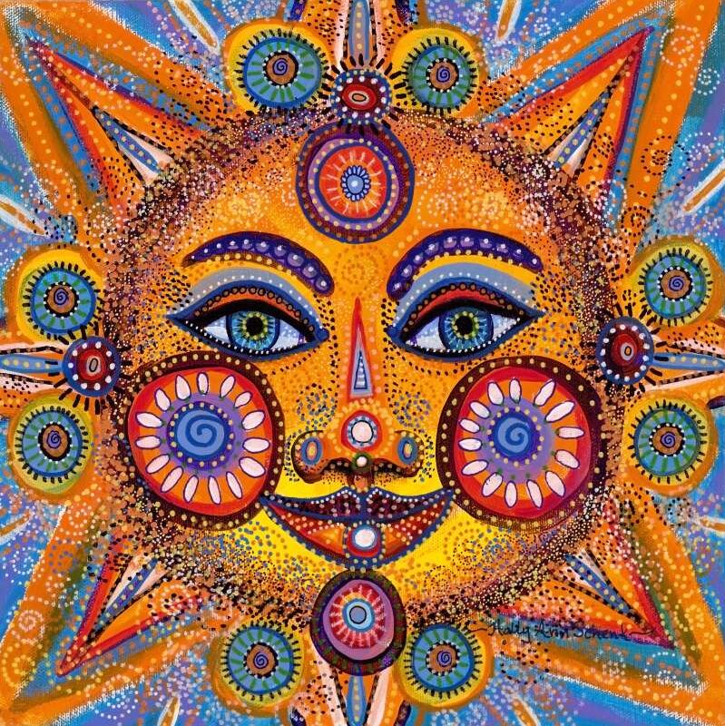 Stylized painting of sun with a smiling face in brilliant dots of orange, red, yellow, blue, and purple