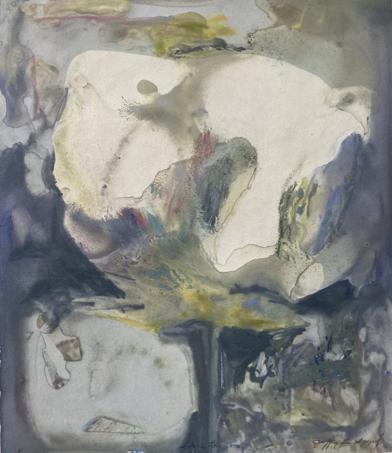 Abstract print of puffy flower shapes, muted shades of off-white, blue, green, purple