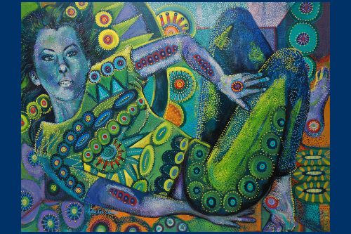 Stylized painting created with brilliant dots of color of woman lying on her side