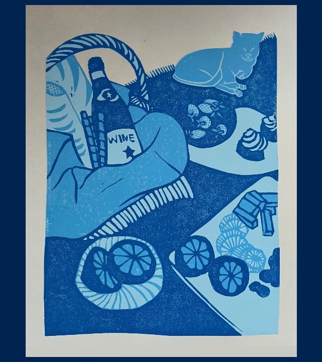 Stylized drawing in various shades of blue of a picnic lunch spread out on blankets with a cat curled up next to the food