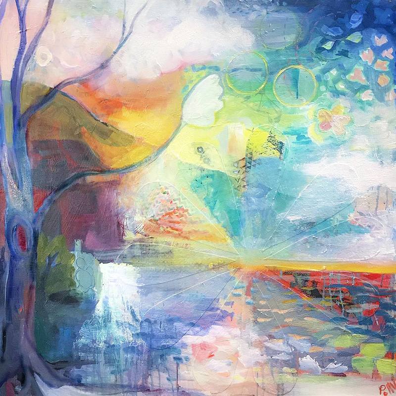 Mostly abstact painting showing a tree by a landscape, in luminous strong colors